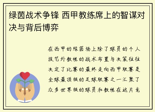 绿茵战术争锋 西甲教练席上的智谋对决与背后博弈