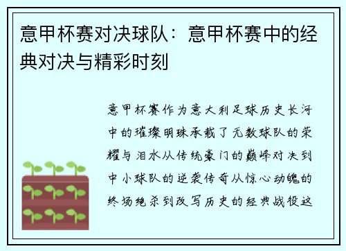 意甲杯赛对决球队：意甲杯赛中的经典对决与精彩时刻