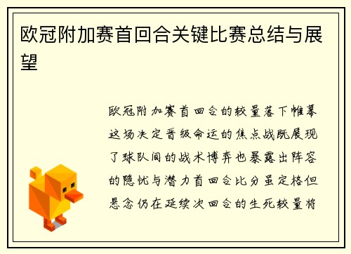 欧冠附加赛首回合关键比赛总结与展望